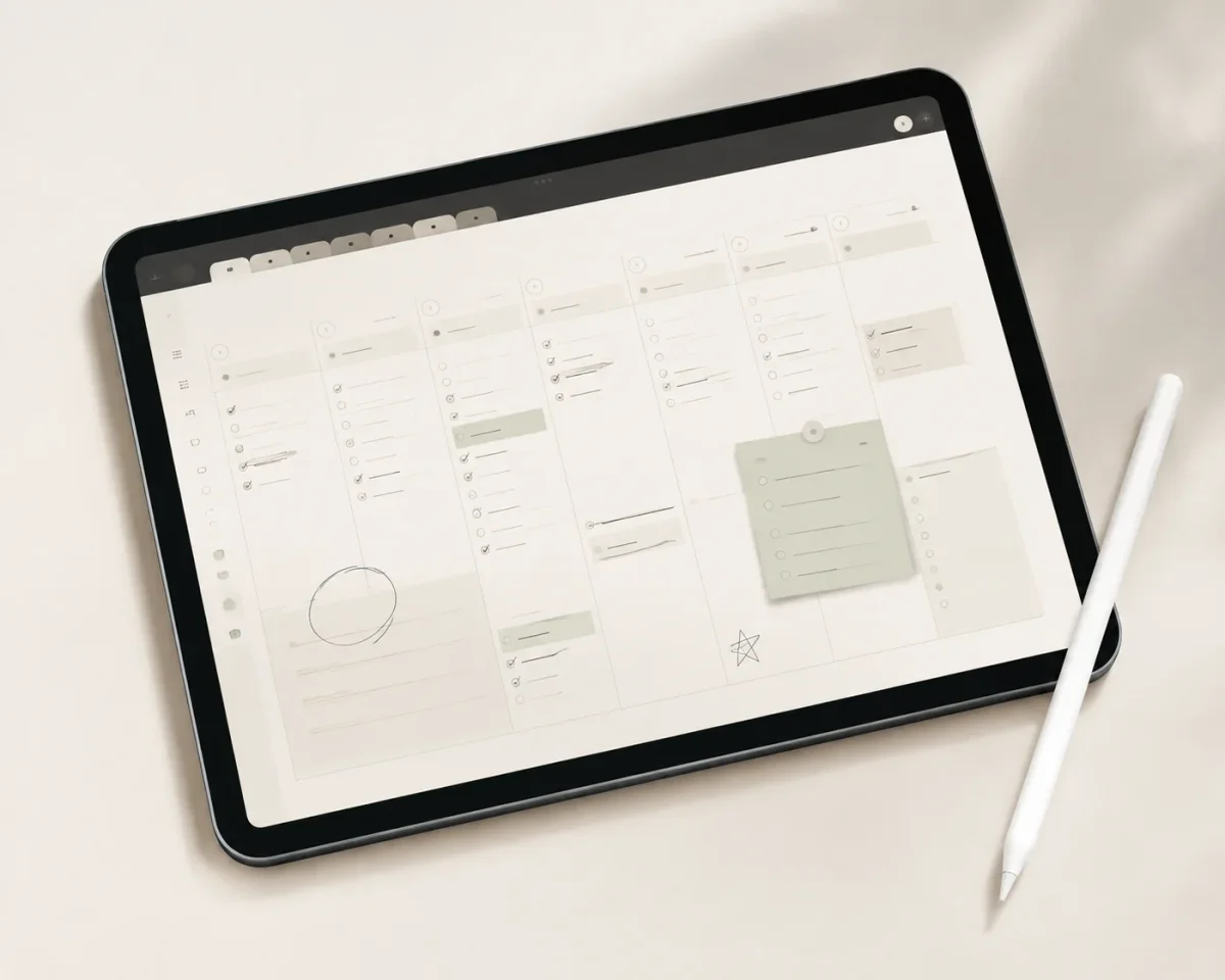 A digital weekly planner open on an iPad beside a stylus