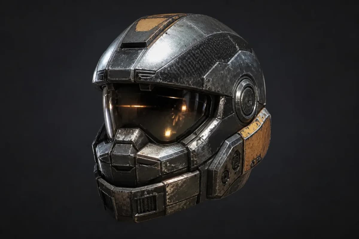 A generated 3D helmet shown as a game asset example on World Models Watch
