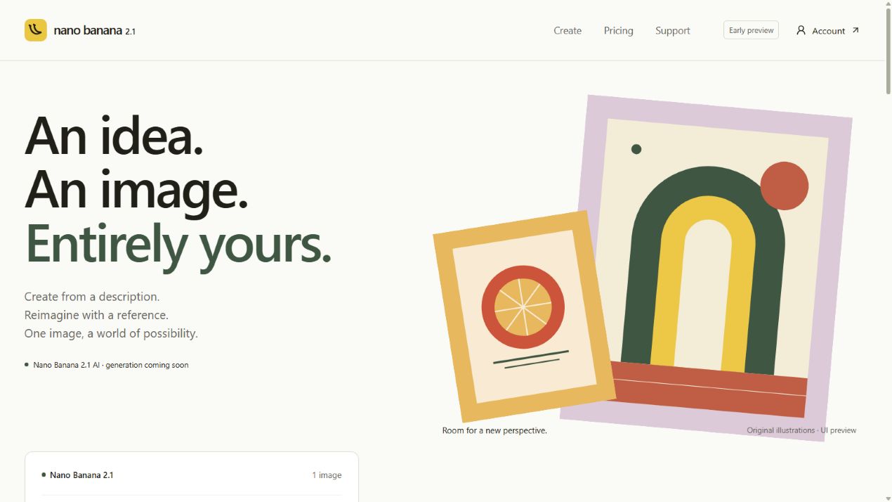 Nano Banana 2.1 AI homepage with colorful original illustrations and its early preview notice.