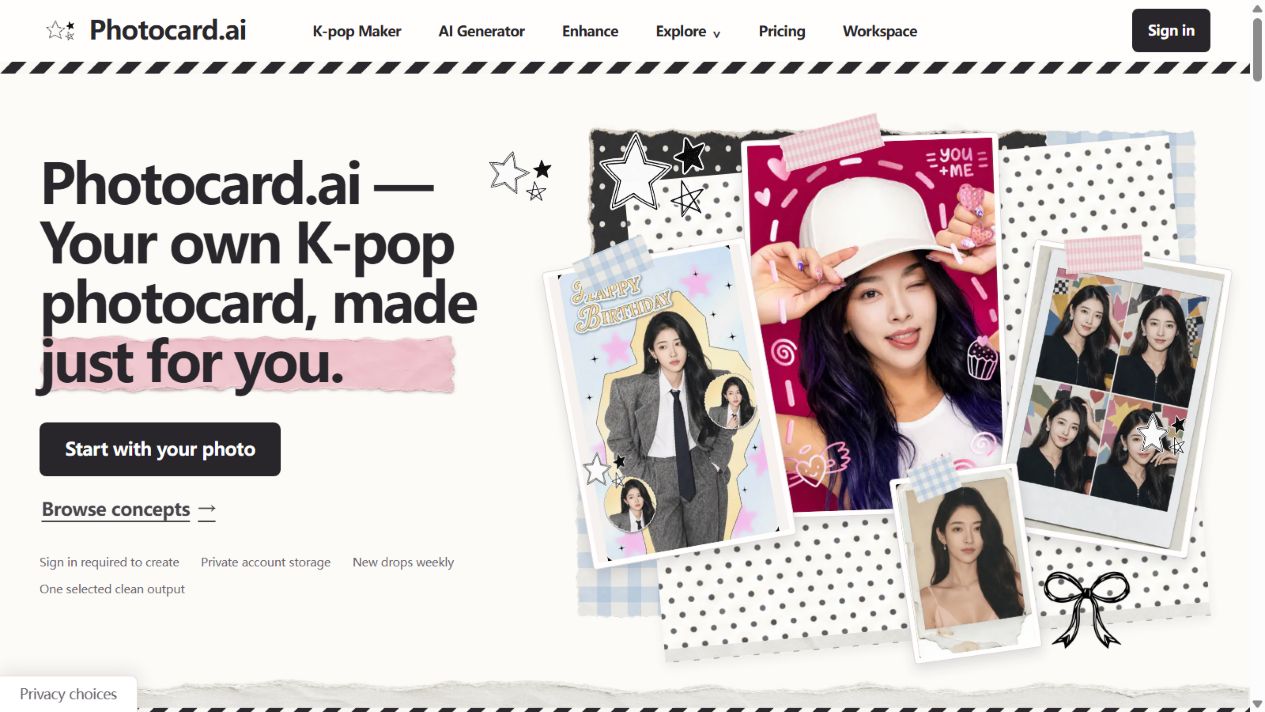 Photocard.ai homepage with decorated K-pop portrait cards beside its introduction.